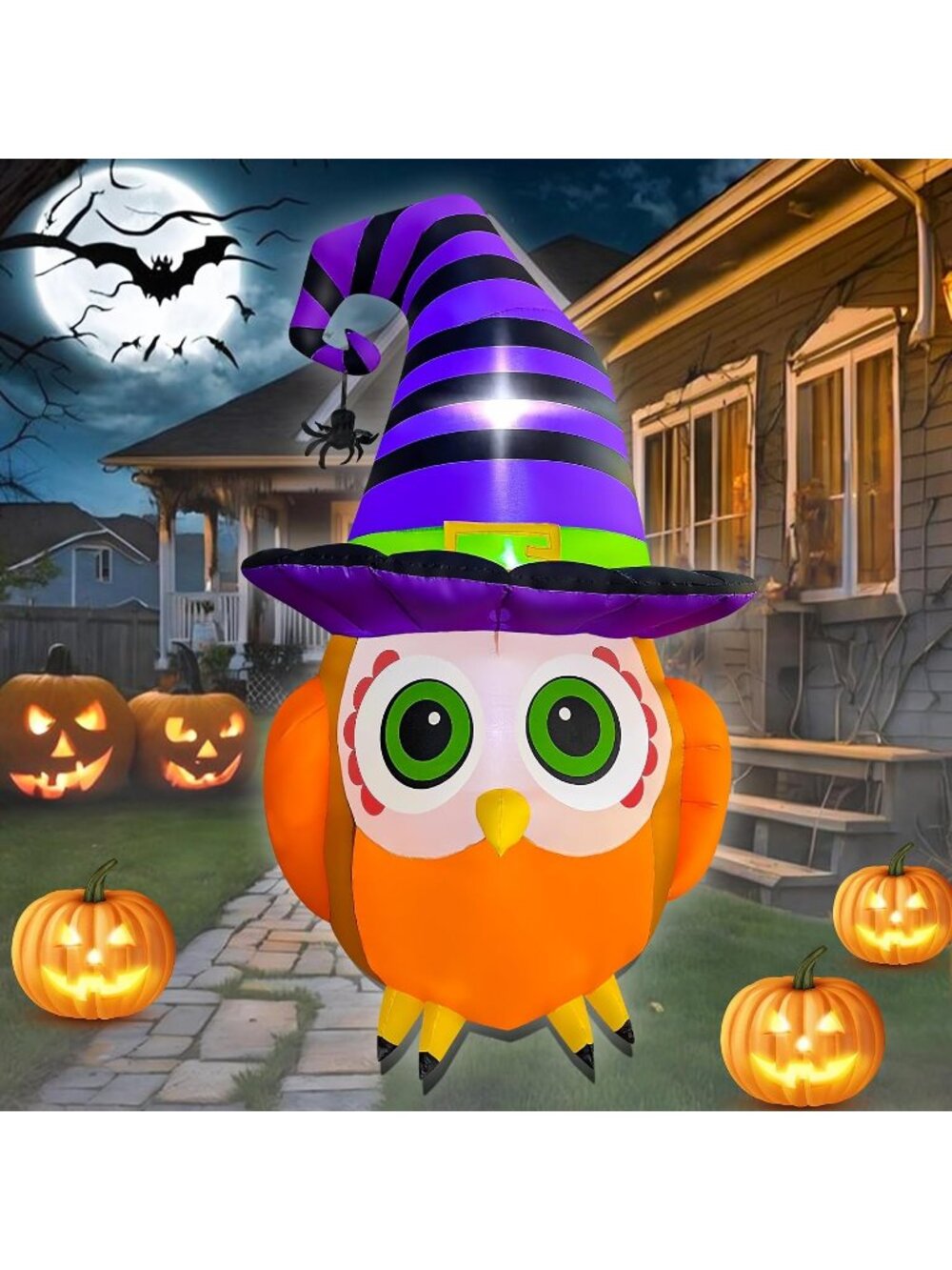 🎃6FT Halloween Inflatables Cute Owl with Wizard Hat Blow Ups Build-in LED Light